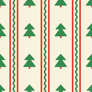 Minimal and simple festive vector background with geometric christmas trees and stripes. Holiday winter seamless pattern in retro scandinavian style