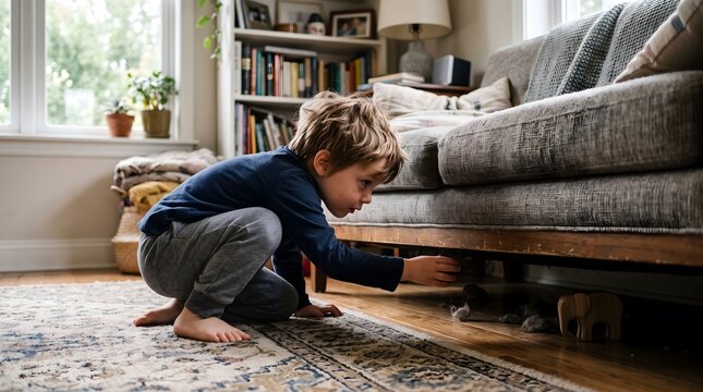 Curious young boy crouches down to investigate tiny toy animals and wooden elephant under couch, exploring room and playtime.