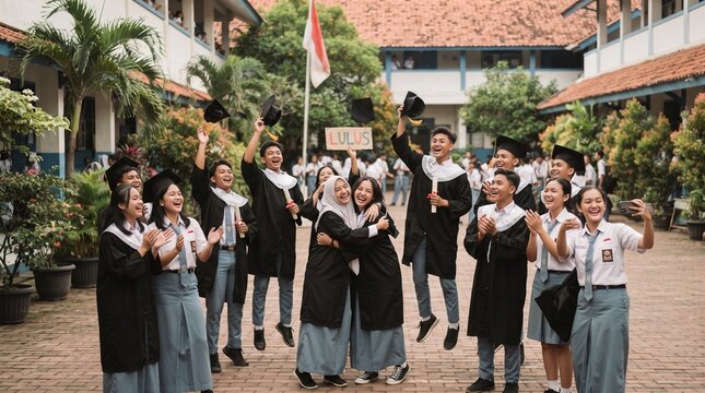 Indonesian High School Students Celebrating Graduation