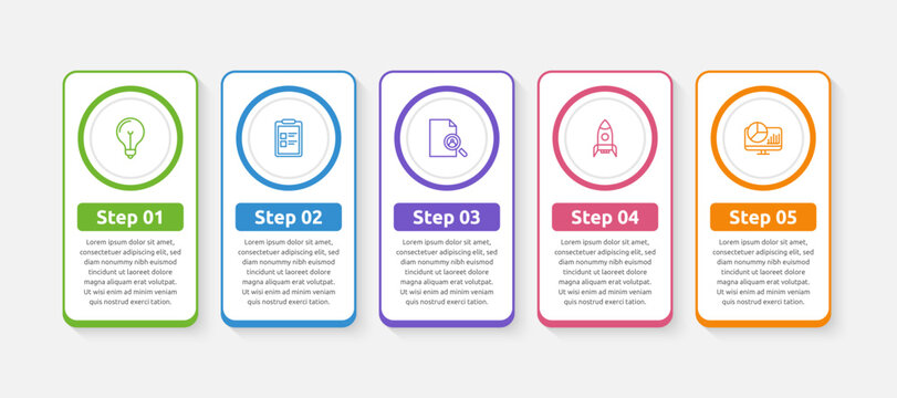 Modern business infographics template. Timeline infographic elements, process diagram, journey info graphic with 5 steps, for brochure, presentation, website.	