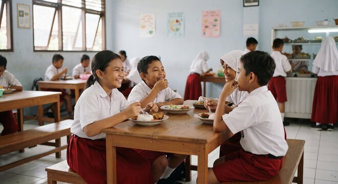 Indonesian Students Having Lunch at School Cafeteria
