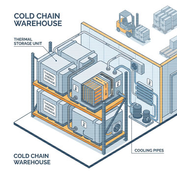 Isometric illustration of a cold chain warehouse facility with thermal energy storage units and cooling infrastructure.