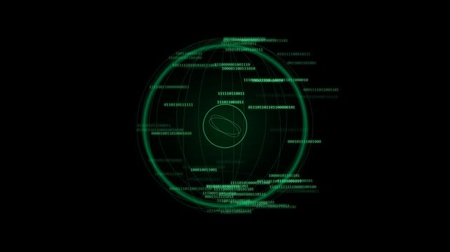 Digital green globe with data text and network lines moving in a circle on a dark black background representing global communication and modern technology connectivity 4k Motion Video