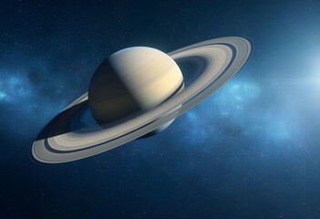 Astronomy and space exploration planet Saturn with rings in deep space science and galaxy discovery cosmic background with stars and nebula light