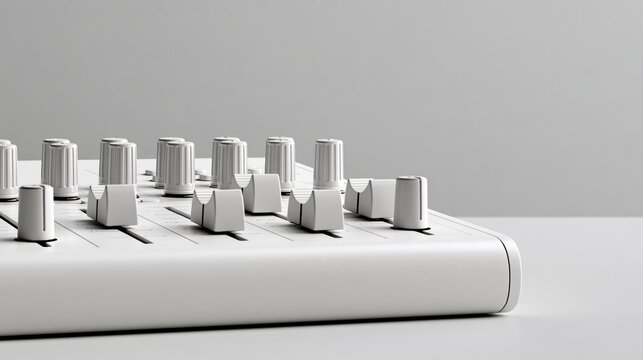 Whimsical podcasting photo: a sound mixer sliding faders as if playing a musical instrument, looking focused on a pastel grey background with copy space.