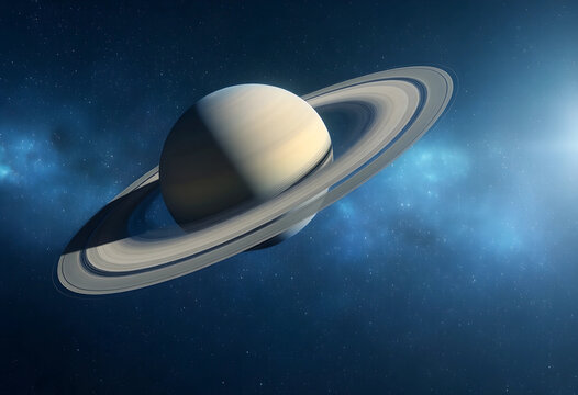 Astronomy and space exploration planet Saturn with rings in deep space science and galaxy discovery cosmic background with stars and nebula light