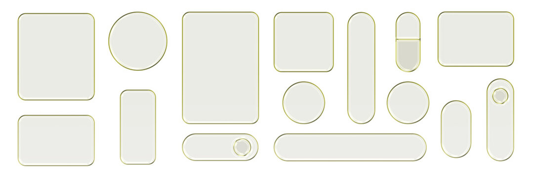 Transparent glass elements with liquid morphism effect for ui design and modern interfaces. Rounded rectangles, circles and buttons with frosted blur overlay. Glassmorphism components for web or app
