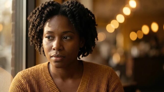 Close-up portrait of Black woman with bokeh background and copy space.