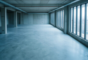 Obraz premium Commercial real estate development, empty office space with concrete floor and large windows for modern corporate interior design and renovation project