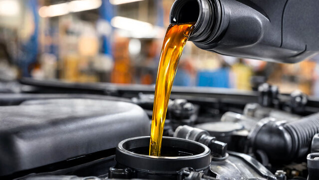 Fresh motor oil pouring into a car engine during a routine maintenance service