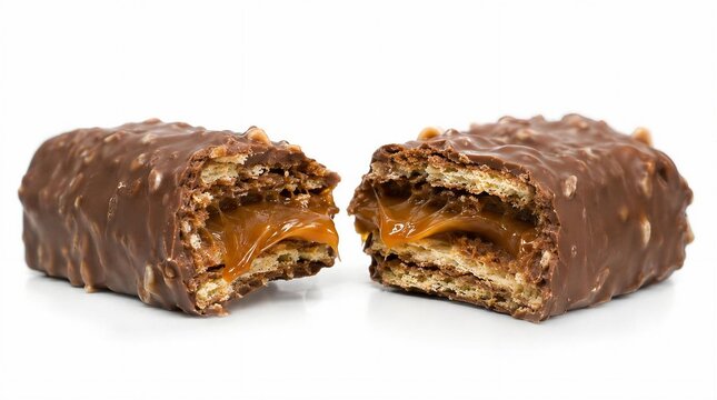 Protein bar cut in half showing gooey caramel filling and crisp layers, isolated on white background, ultra detailed

