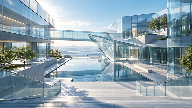 Modern glass architectural complex with reflective pools and coastal view under bright sunlight for corporate or resort concepts