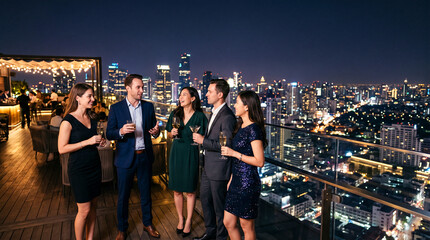 Obraz premium Group of colleagues celebrating and enjoying drinks at a rooftop bar overlooking the illuminated city skyline at night.