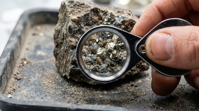 Mineral grains under a magnifying loupe showing metallic sparkle and drill cut rock texture with fine dust on a sample tray