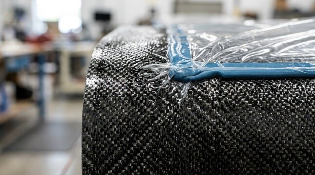 Macro view of tacky resin on carbon fiber tow with tight twill weave and vacuum-bag seam in factory production