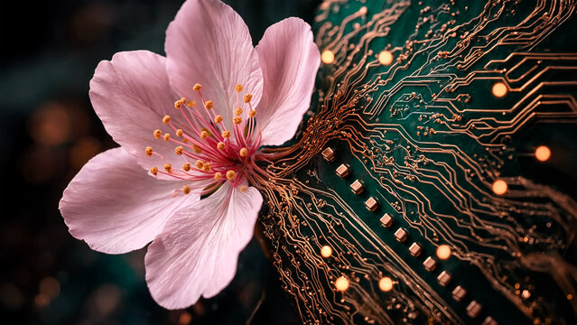 Pink cherry blossom flower merging with a green electronic circuit board