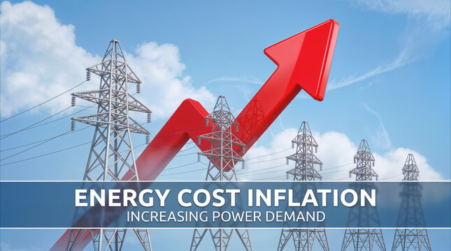 Rising red arrow over high voltage power lines. Concept of energy cost inflation and increasing power demand in utility sector.