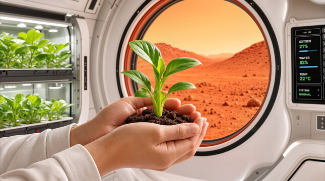 Hands holding green plant inside space station module. Mars-like desert planet visible through porthole during interplanetary colonization mission.