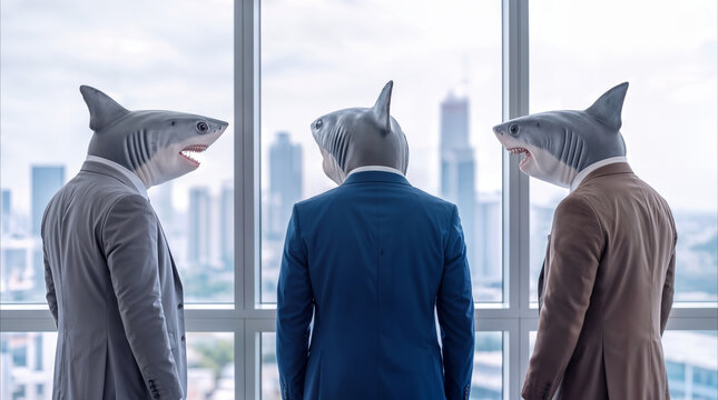 Businessmen wearing shark heads standing in corporate office. Surreal concept of aggressive competition and predatory behavior in financial district.