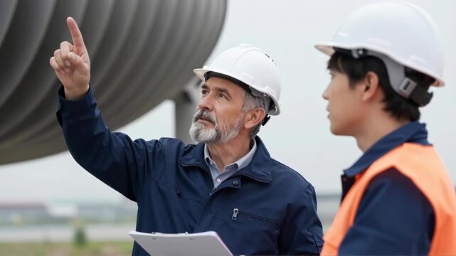 Senior engineer in hard hat discussing project with worker at industrial site. Experienced supervisor points out details during site inspection