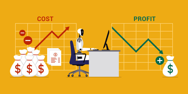 Robot working in the office showing the cost of AI implementation in business: cost exceeds profit