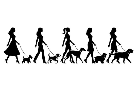 Silhouette evolution: women walking dogs in fashionable outfits.
