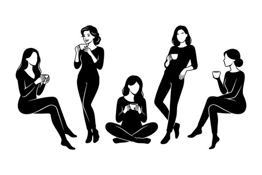 Group of female silhouettes relaxing with coffee.