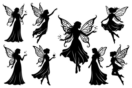 Silhouette collection of elegant fairy figures with intricate wings.