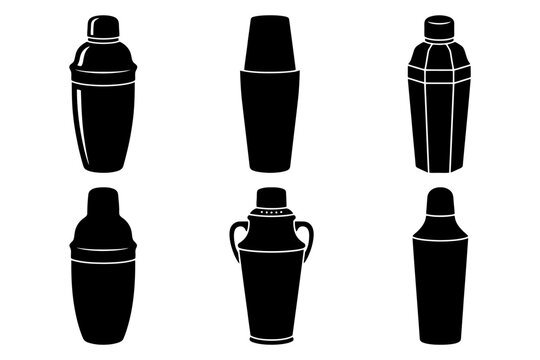 Set of six black vector cocktail shaker silhouettes on white background.