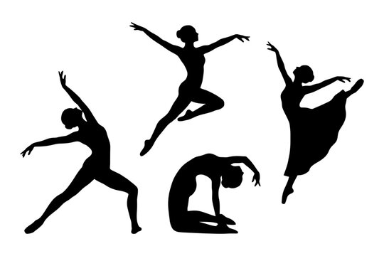 Silhouettes of female ballet dancers in elegant poses against white background.