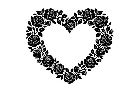 Black silhouette heart-shaped floral rose design.