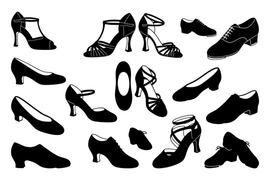 Silhouette collection of various dance and casual shoes in black.