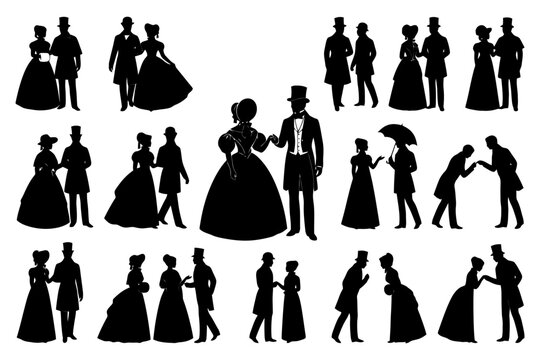 Victorian silhouettes of men and women in formal attire.