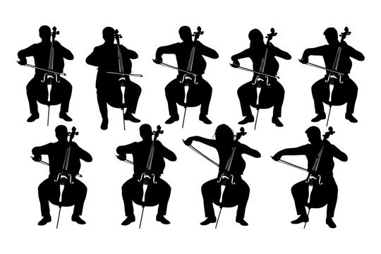 Silhouettes of musicians playing cellos in various poses.