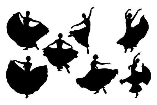 Silhouette dance poses of female dancers performing ballet movements.