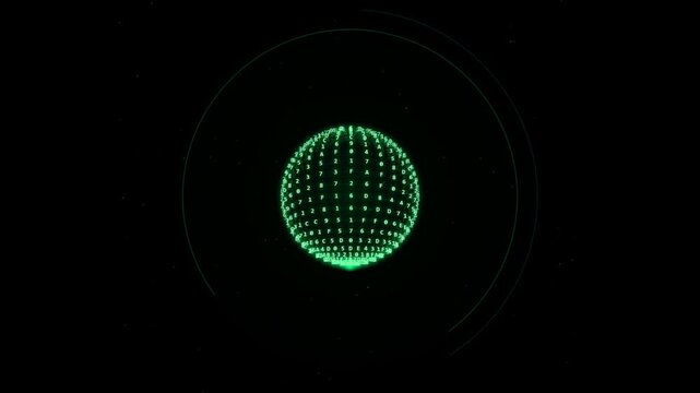 Glowing green digital globe made of binary code numbers and letters floating in dark space showing abstract technology network connection concept for future communications 4k Motion Video