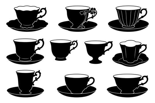 Set of nine elegant silhouette teacups with unique handles.