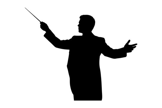 Male conductor silhouette with baton leading musical performance.