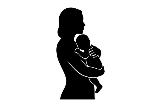 Silhouette of african female adult holding baby gently in arms.
