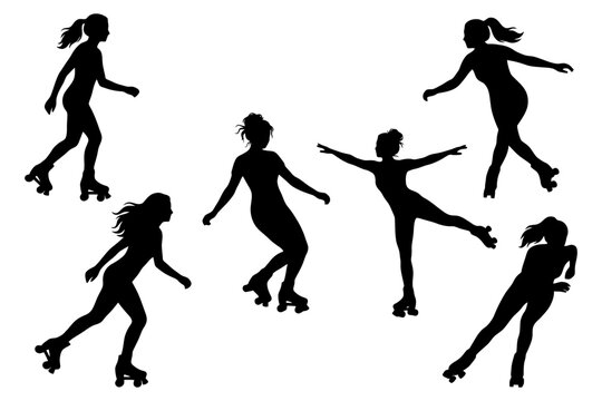Silhouettes of female roller skaters in various poses.