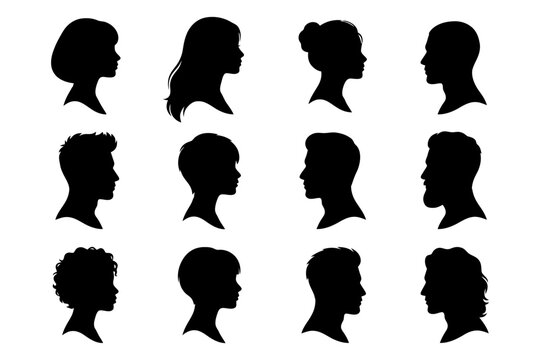 Silhouette portraits of diverse male and female profiles in various hairstyles.