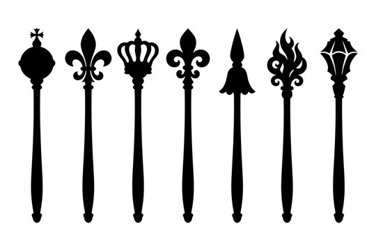 Set of seven distinctive black sceptre silhouettes with unique designs.