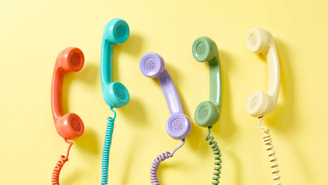 Colorful vintage telephone handsets arranged on a yellow background
