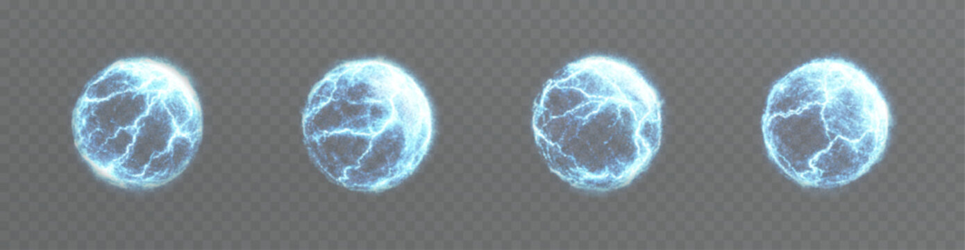 Electric lightning ball effect sequence on transparent background. Glowing blue plasma energy sphere VFX animation frames. Sci-fi power blast sprite sheet