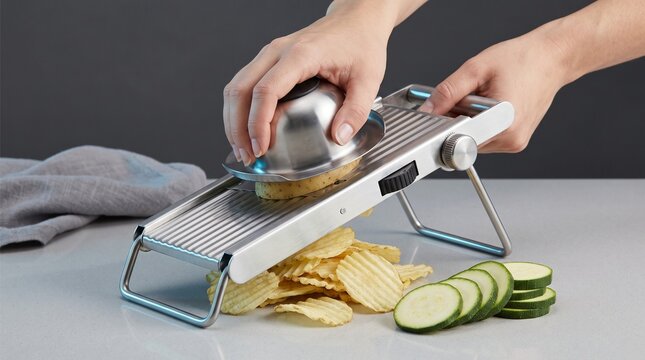Mandoline Slicer Slicing Potato Chips on Counter &ndash; Stainless Steel Kitchen Utility Banner