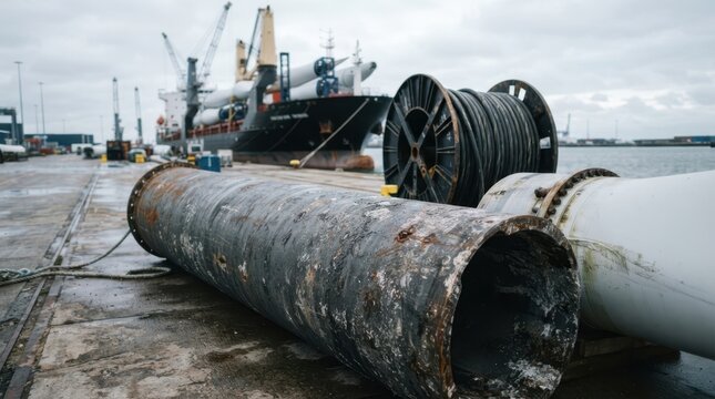 Offshore wind turbine components including monopile section, blade root and cable spool at a marine port