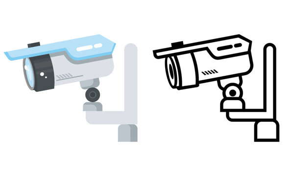 Security camera illustrations in colored and outline styles for surveillance and security design projects
