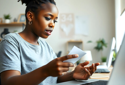 Online banking and personal finance management, young woman checking invoice or credit card statement while working on laptop at home office desk