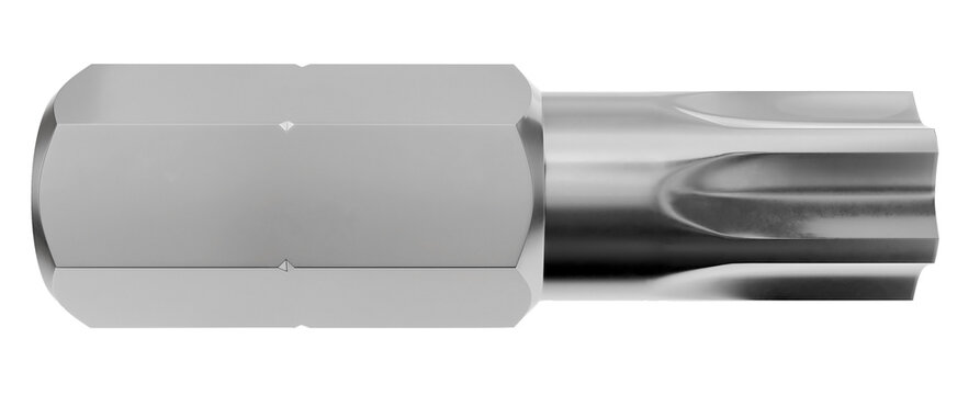 high-quality 3d realistic render of a metal t30 torx drill bit featuring shiny chrome finish and precise hexagonal shank designed for professional industrial engineering and mechanical repair projects
