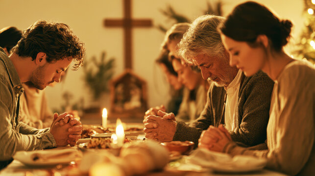 Family Sharing a Quiet Religious Christmas Celebration